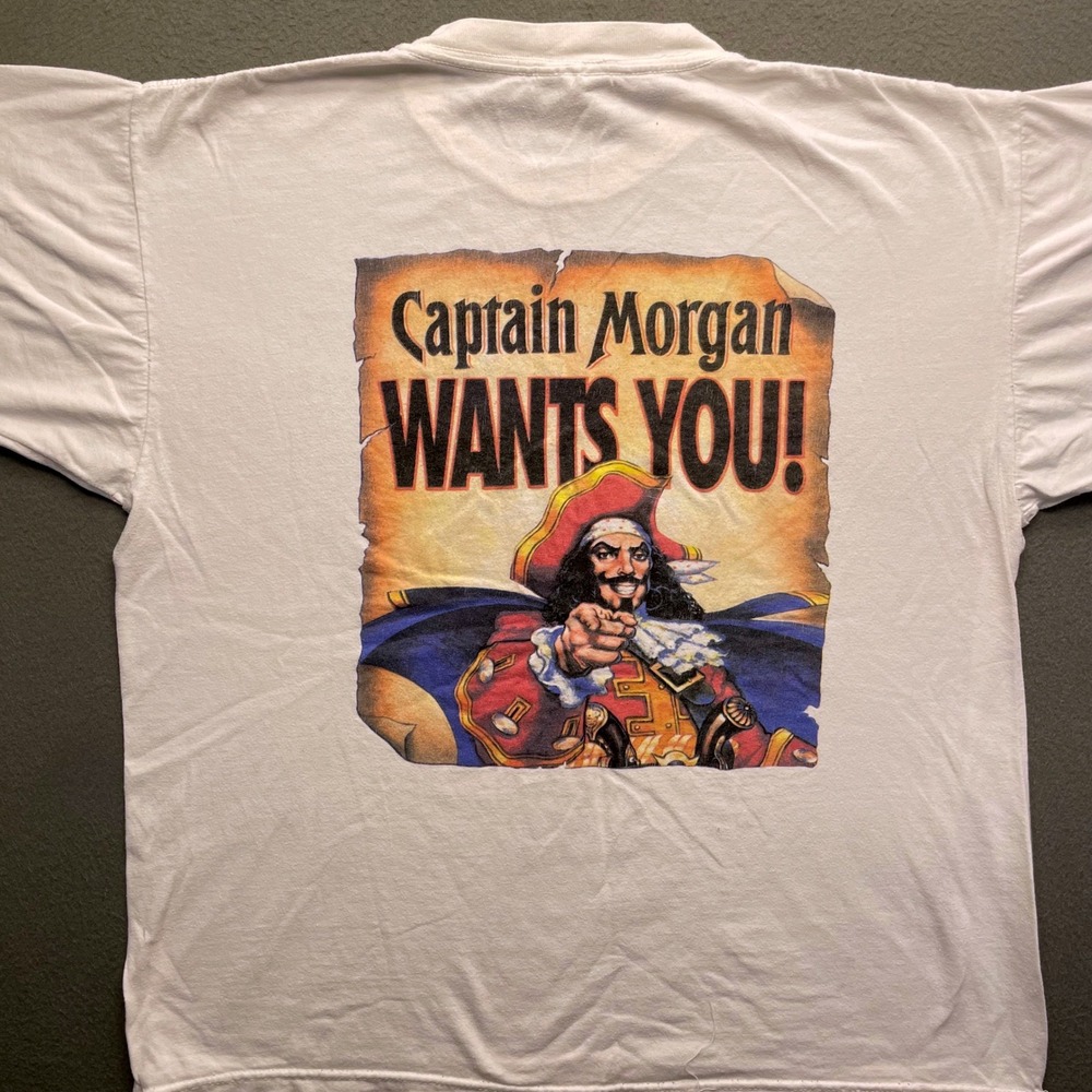 Captain Morgan Men Graphic Tee White Y2K Cotton Large Vintage Promo Rum retro
